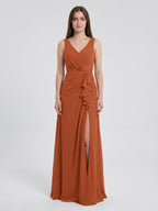 Cinnamon Chiffon A-Line V-Neck V-Back Floor-Length Bridesmaid Dress with Ruffles - Curvevia