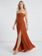 Cinnamon Chiffon Column Straight Neck Backless Floor-Length Bridesmaid Dress with Pleats - Curvevia