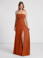 Cinnamon Chiffon Column Straight Neck Backless Floor-Length Bridesmaid Dress with Pleats - Curvevia