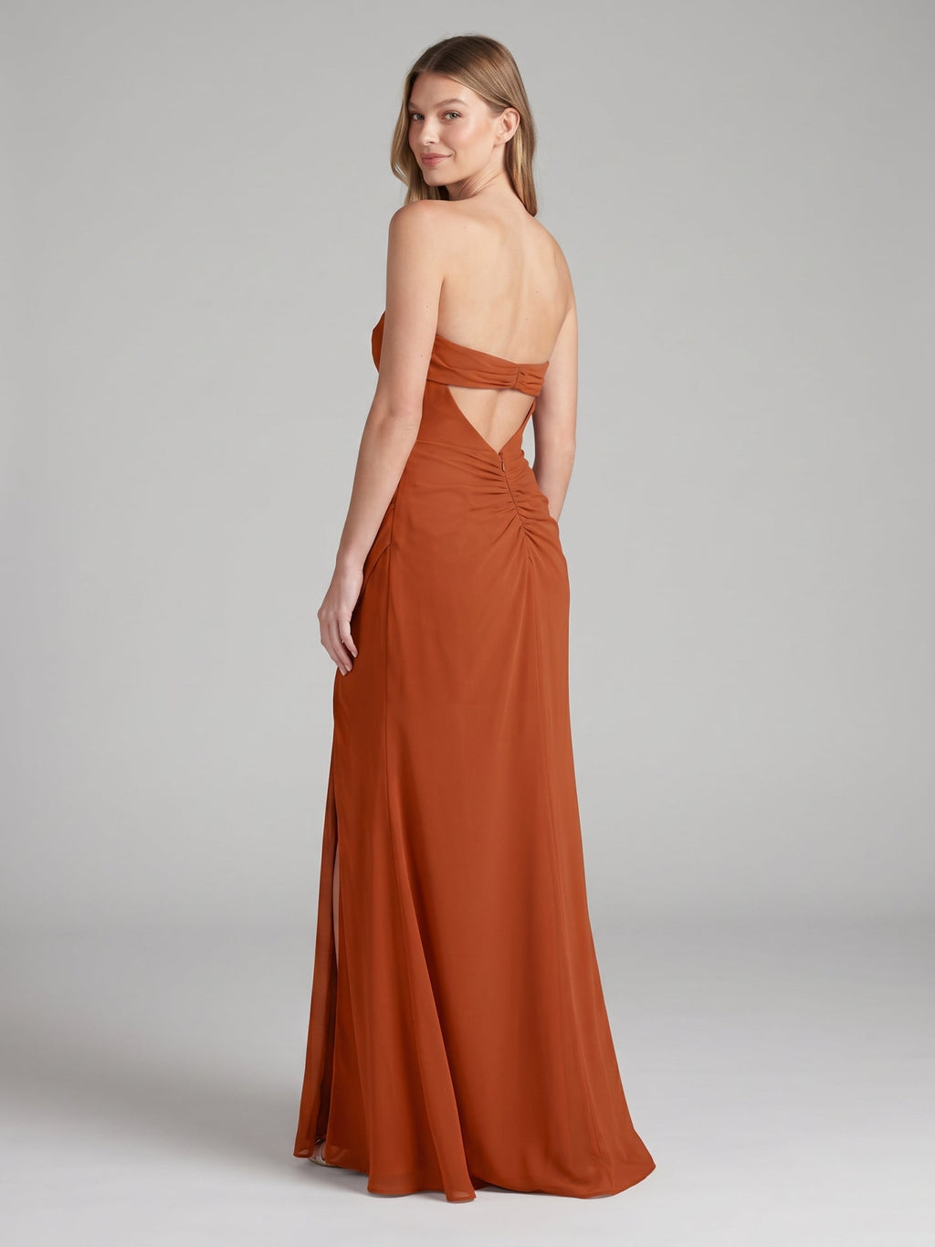 Cinnamon Chiffon Column Straight Neck Backless Floor-Length Bridesmaid Dress with Pleats - Curvevia