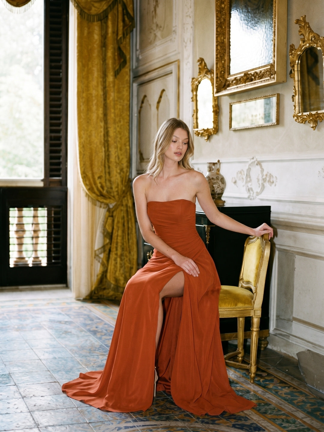 Cinnamon Chiffon Column Straight Neck Backless Floor-Length Bridesmaid Dress with Pleats - Curvevia