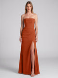 Cinnamon Chiffon Column Straight Neck Backless Floor-Length Bridesmaid Dress with Pleats - Curvevia