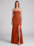Cinnamon Chiffon Column Straight Neck Backless Floor-Length Bridesmaid Dress with Pleats - Curvevia