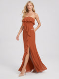 Cinnamon Chiffon Trumpet Straight Neck Back Zip Floor-Length Bridesmaid Dress with Ruffles - Curvevia