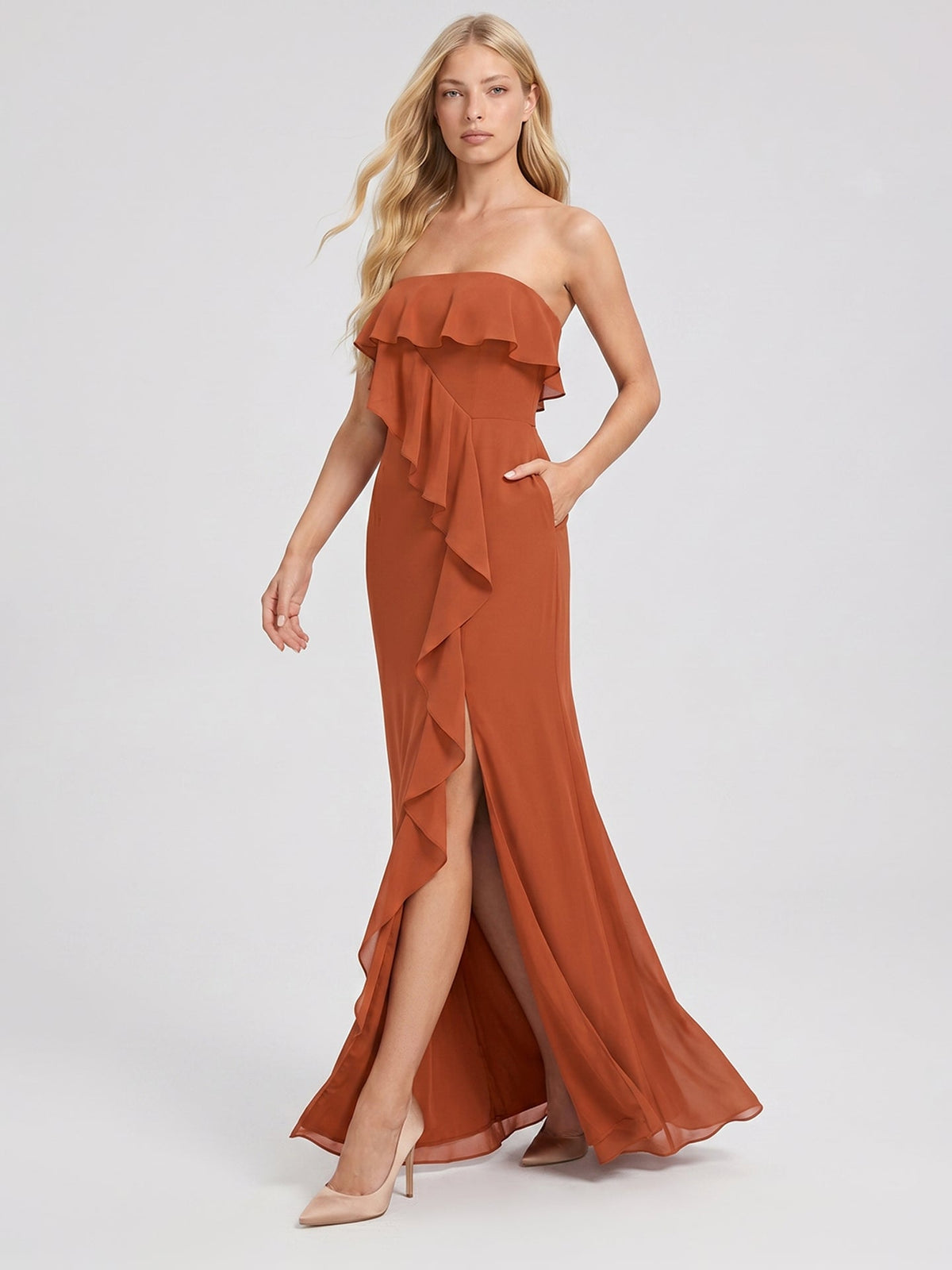 Cinnamon Chiffon Trumpet Straight Neck Back Zip Floor-Length Bridesmaid Dress with Ruffles - Curvevia