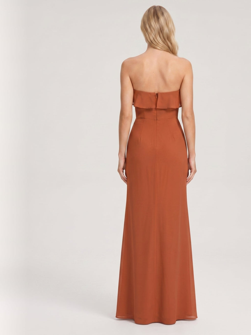 Cinnamon Chiffon Trumpet Straight Neck Back Zip Floor-Length Bridesmaid Dress with Ruffles - Curvevia