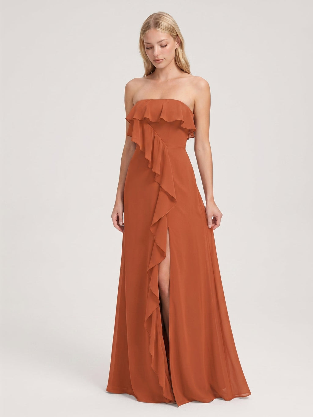 Cinnamon Chiffon Trumpet Straight Neck Back Zip Floor-Length Bridesmaid Dress with Ruffles - Curvevia