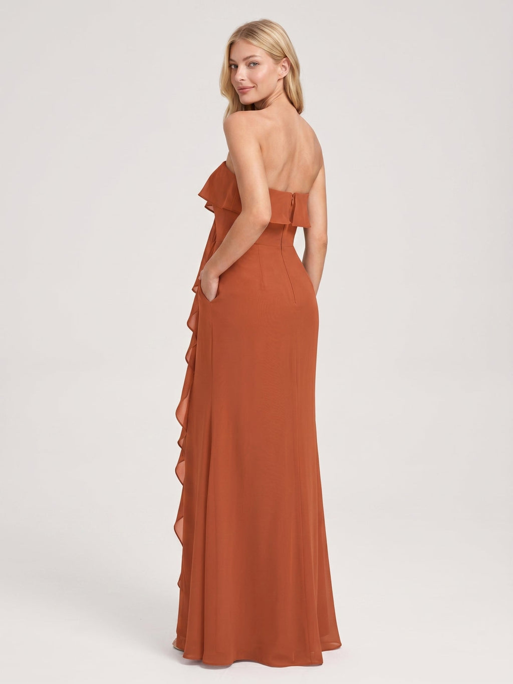Cinnamon Chiffon Trumpet Straight Neck Back Zip Floor-Length Bridesmaid Dress with Ruffles - Curvevia