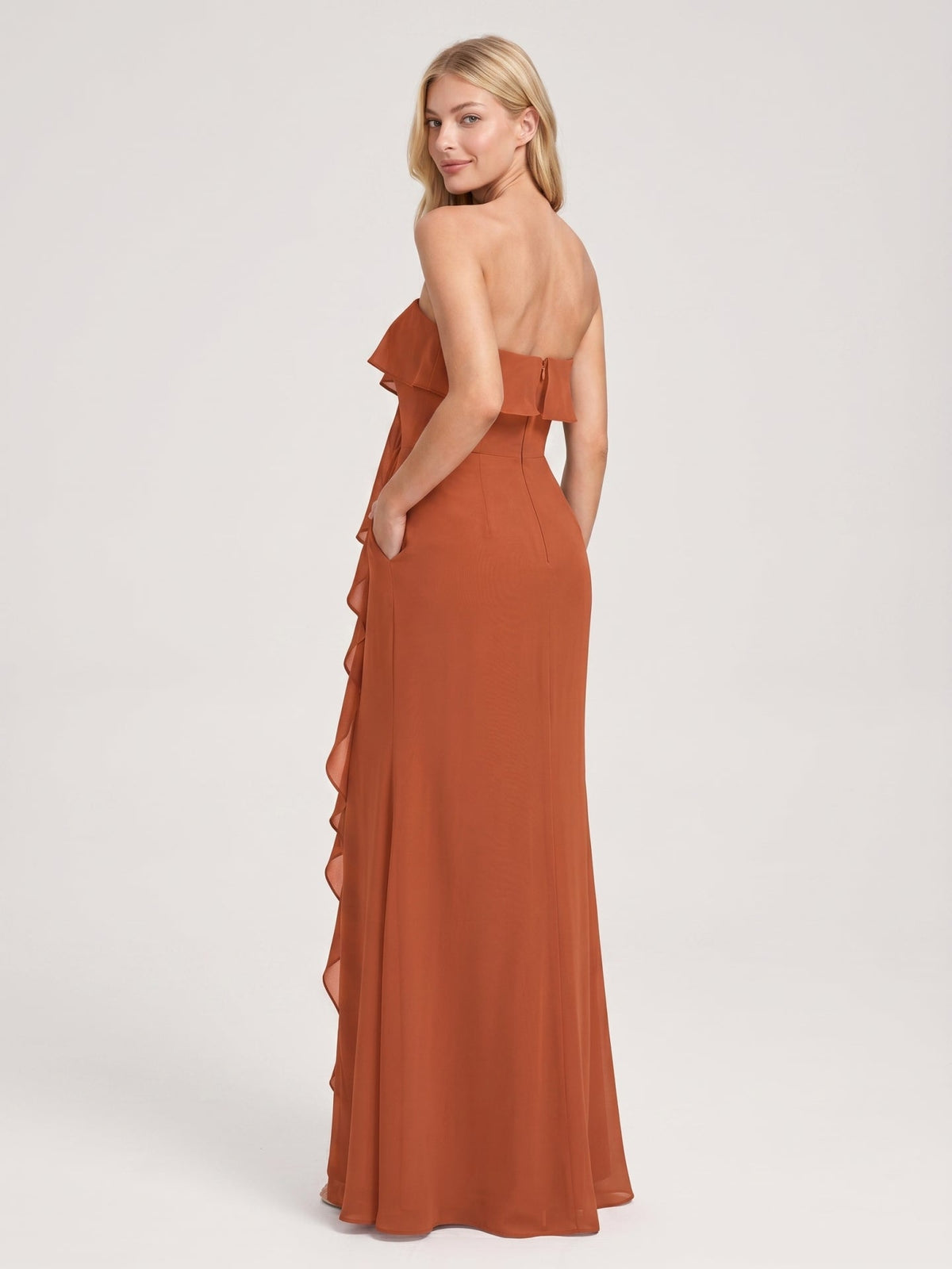 Cinnamon Chiffon Trumpet Straight Neck Back Zip Floor-Length Bridesmaid Dress with Ruffles - Curvevia