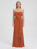 Cinnamon Chiffon Trumpet Straight Neck Back Zip Floor-Length Bridesmaid Dress with Ruffles - Curvevia