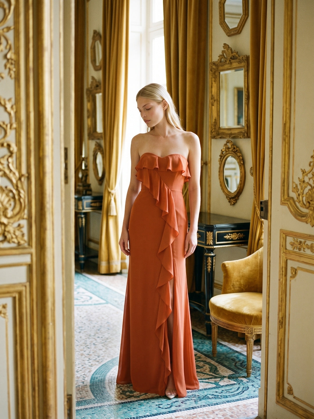 Cinnamon Chiffon Trumpet Straight Neck Back Zip Floor-Length Bridesmaid Dress with Ruffles - Curvevia