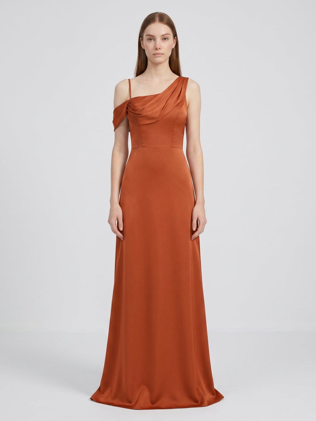 Cinnamon Matte Satin A-Line Cowl Neck Back Zip Floor-Length Bridesmaid Dress with Pleats - Curvevia