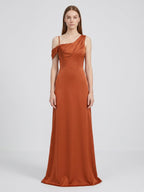 Cinnamon Matte Satin A-Line Cowl Neck Back Zip Floor-Length Bridesmaid Dress with Pleats - Curvevia