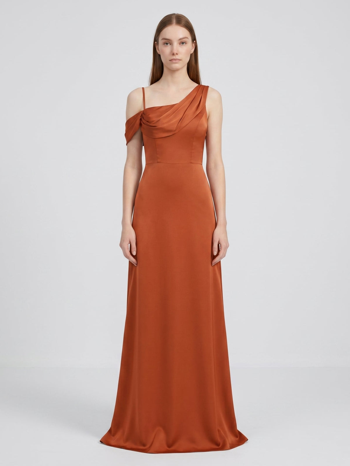 Cinnamon Matte Satin A-Line Cowl Neck Back Zip Floor-Length Bridesmaid Dress with Pleats - Curvevia