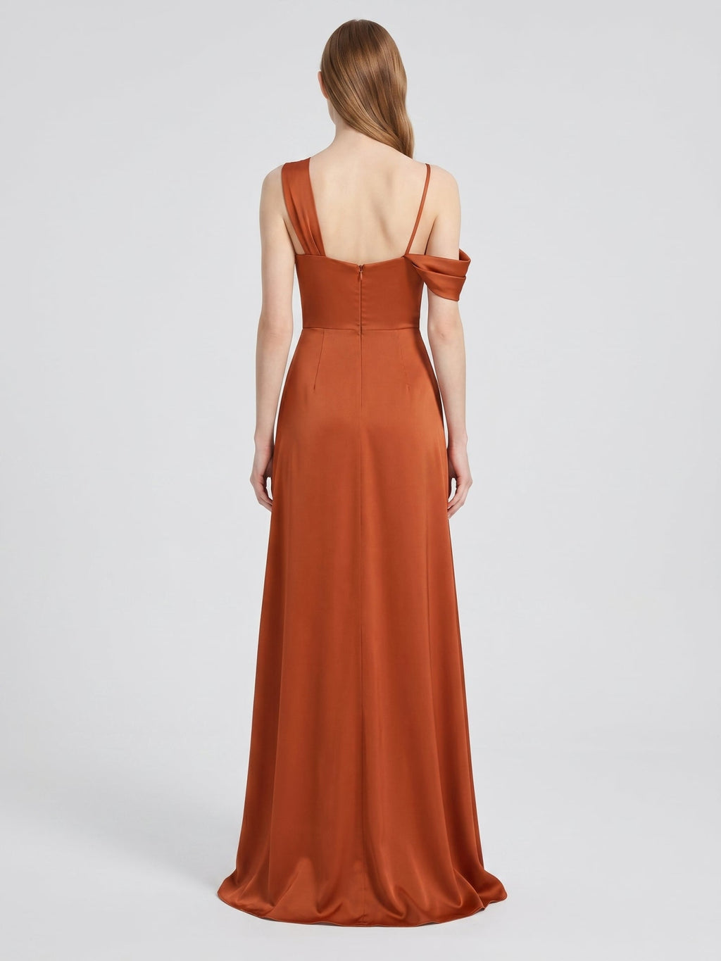 Cinnamon Matte Satin A-Line Cowl Neck Back Zip Floor-Length Bridesmaid Dress with Pleats - Curvevia