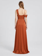 Cinnamon Matte Satin A-Line Cowl Neck Back Zip Floor-Length Bridesmaid Dress with Pleats - Curvevia