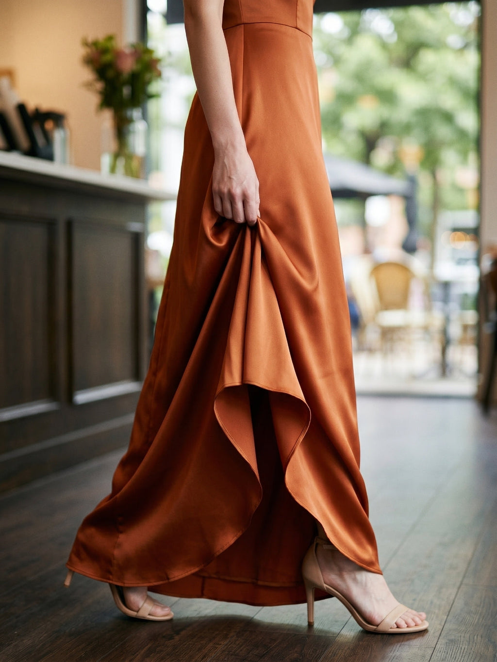 Cinnamon Matte Satin A-Line Cowl Neck Back Zip Floor-Length Bridesmaid Dress with Pleats - Curvevia