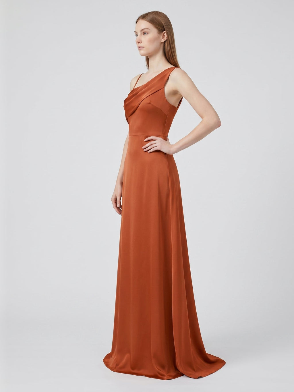 Cinnamon Matte Satin A-Line Cowl Neck Back Zip Floor-Length Bridesmaid Dress with Pleats - Curvevia