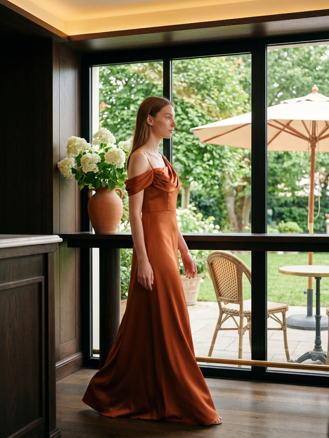 Cinnamon Matte Satin A-Line Cowl Neck Back Zip Floor-Length Bridesmaid Dress with Pleats - Curvevia