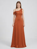 Cinnamon Matte Satin A-Line Cowl Neck Back Zip Floor-Length Bridesmaid Dress with Pleats - Curvevia