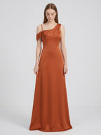 Cinnamon Matte Satin A-Line Cowl Neck Back Zip Floor-Length Bridesmaid Dress with Pleats - Curvevia