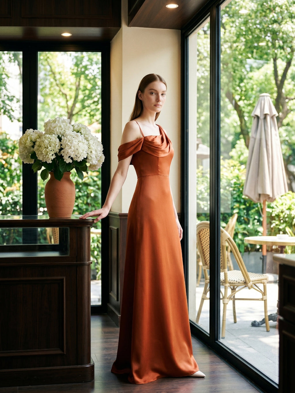 Cinnamon Matte Satin A-Line Cowl Neck Back Zip Floor-Length Bridesmaid Dress with Pleats - Curvevia