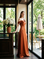 Cinnamon Matte Satin A-Line Cowl Neck Back Zip Floor-Length Bridesmaid Dress with Pleats - Curvevia