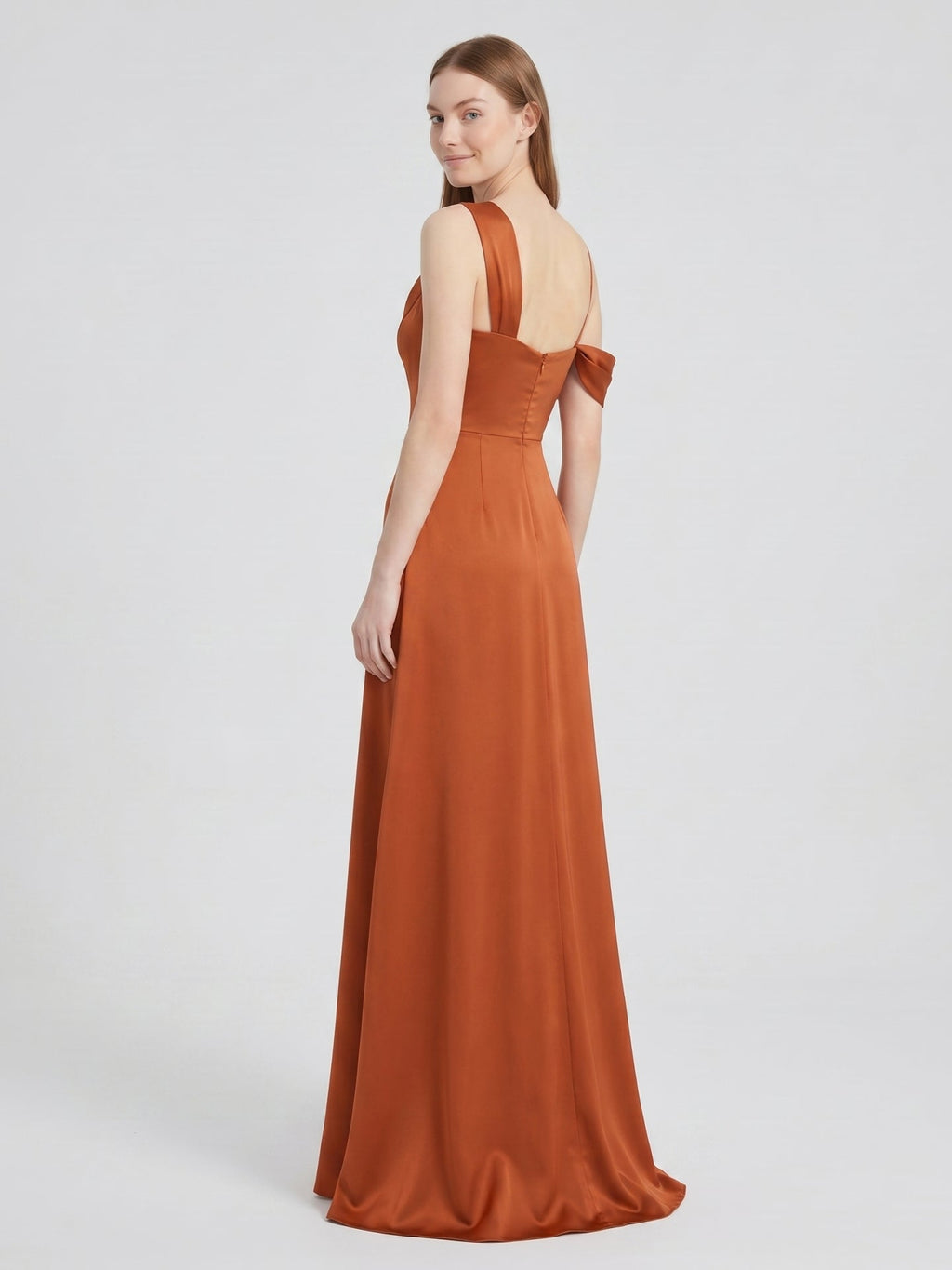 Cinnamon Matte Satin A-Line Cowl Neck Back Zip Floor-Length Bridesmaid Dress with Pleats - Curvevia