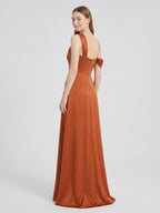 Cinnamon Matte Satin A-Line Cowl Neck Back Zip Floor-Length Bridesmaid Dress with Pleats - Curvevia