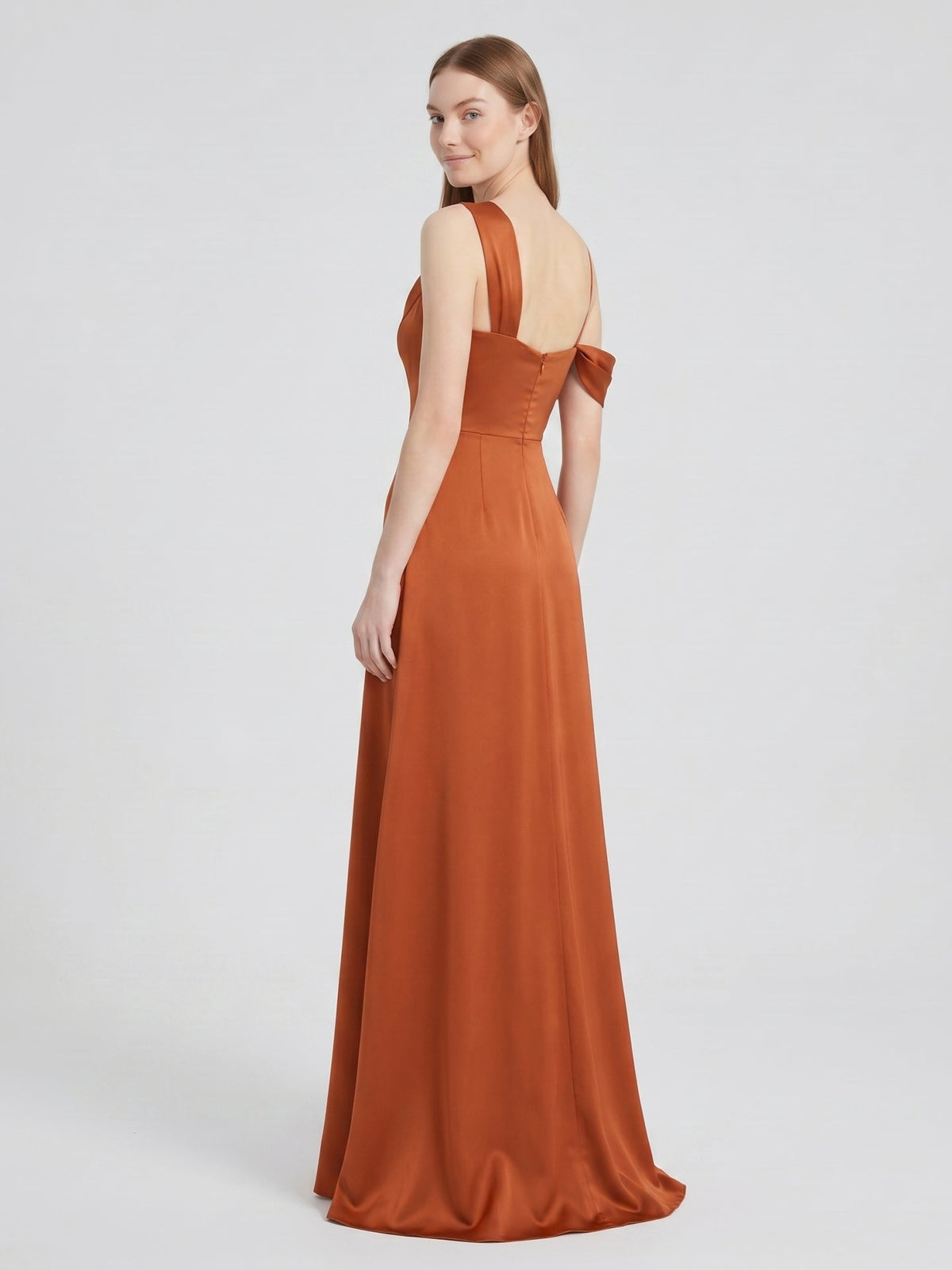 Cinnamon Matte Satin A-Line Cowl Neck Back Zip Floor-Length Bridesmaid Dress with Pleats - Curvevia
