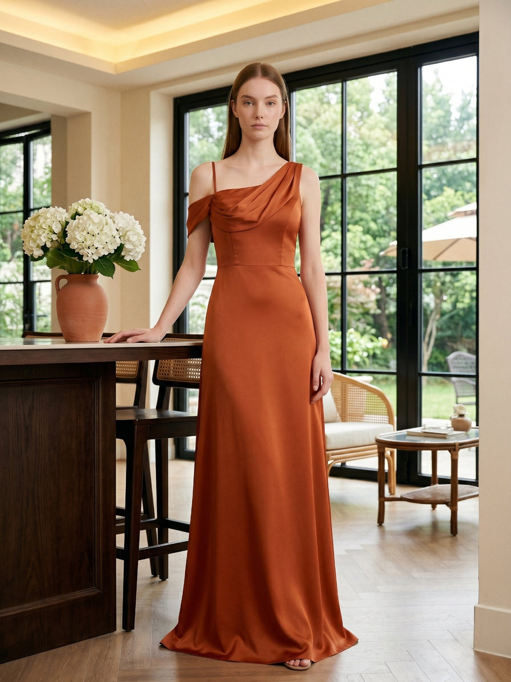 Cinnamon Matte Satin A-Line Cowl Neck Back Zip Floor-Length Bridesmaid Dress with Pleats - Curvevia