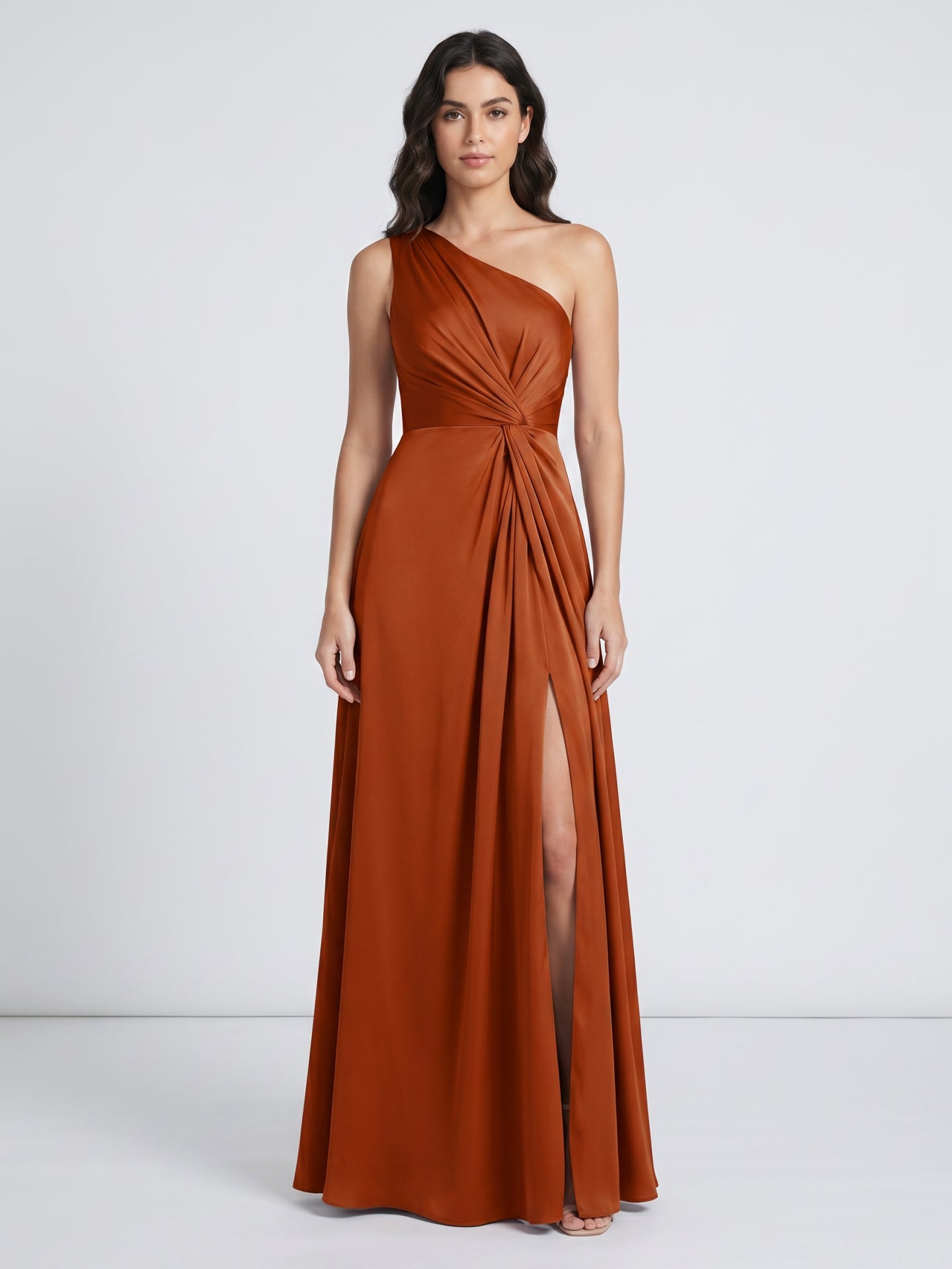 Cinnamon Satin A-Line One Shoulder Back Zip Ankle Bridesmaid Dress with Pleated Details - Curvevia