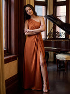 Cinnamon Satin A-Line One Shoulder Back Zip Ankle Bridesmaid Dress with Pleated Details - Curvevia
