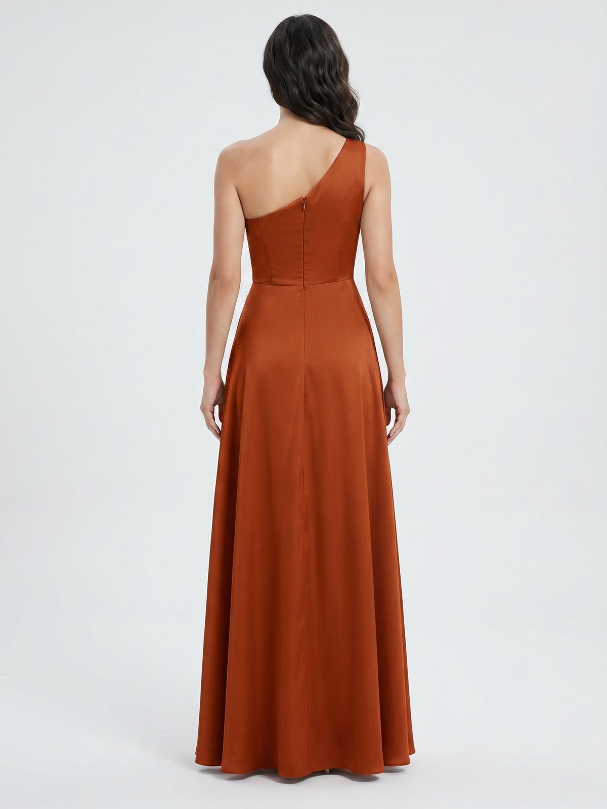 Cinnamon Satin A-Line One Shoulder Back Zip Ankle Bridesmaid Dress with Pleated Details - Curvevia