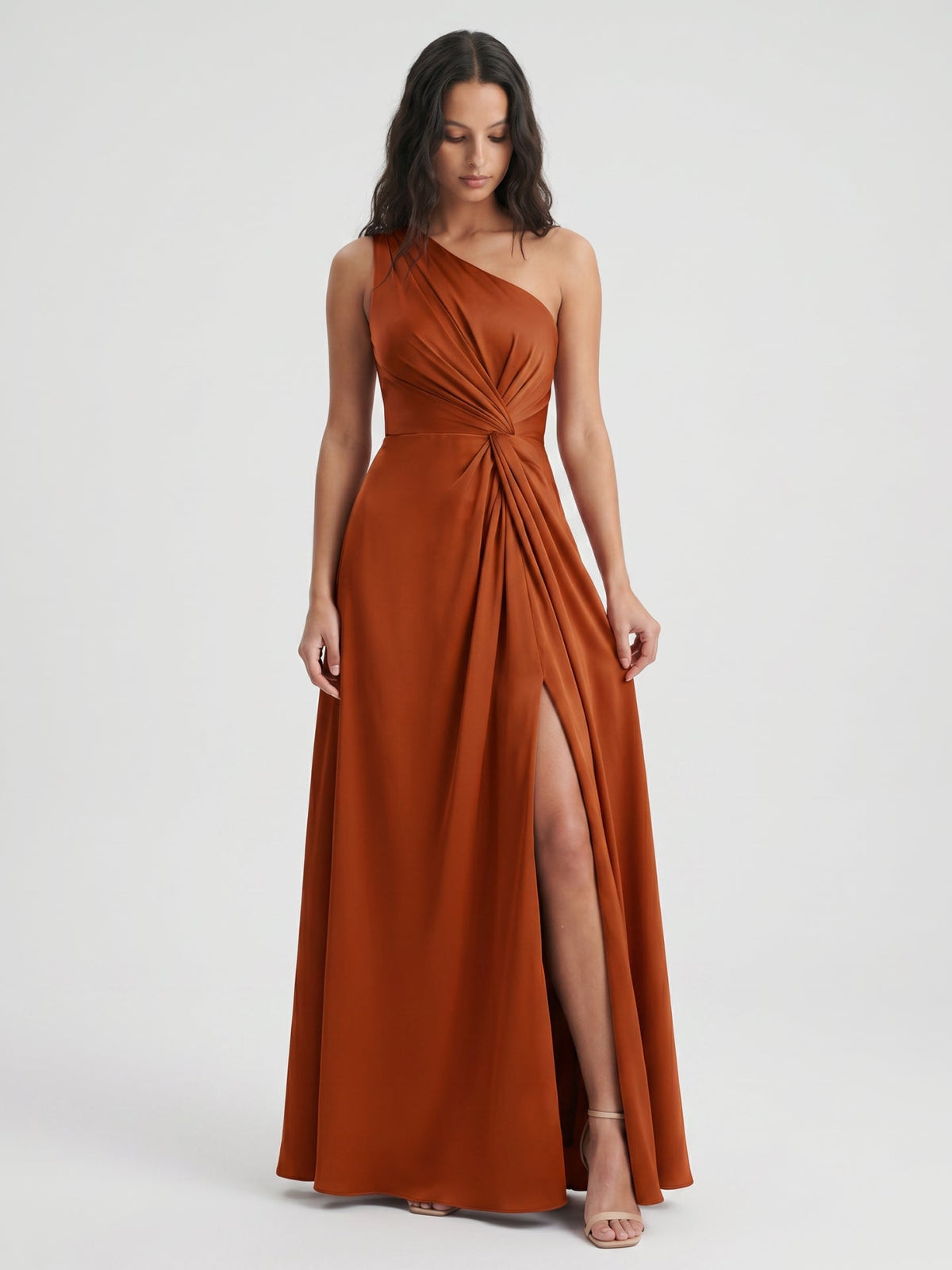 Cinnamon Satin A-Line One Shoulder Back Zip Ankle Bridesmaid Dress with Pleated Details - Curvevia