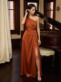 Cinnamon Satin A-Line One Shoulder Back Zip Ankle Bridesmaid Dress with Pleated Details - Curvevia