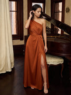 Cinnamon Satin A-Line One Shoulder Back Zip Ankle Bridesmaid Dress with Pleated Details - Curvevia