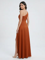 Cinnamon Satin A-Line One Shoulder Back Zip Ankle Bridesmaid Dress with Pleated Details - Curvevia