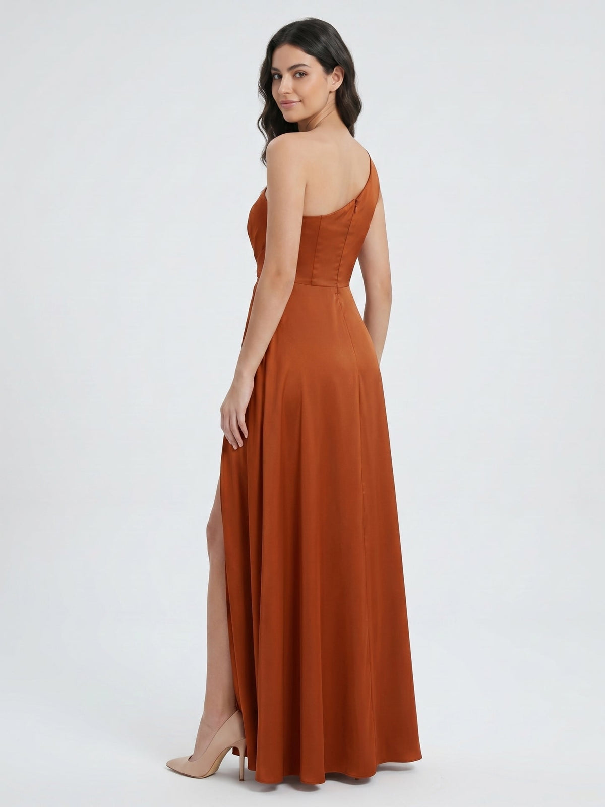 Cinnamon Satin A-Line One Shoulder Back Zip Ankle Bridesmaid Dress with Pleated Details - Curvevia