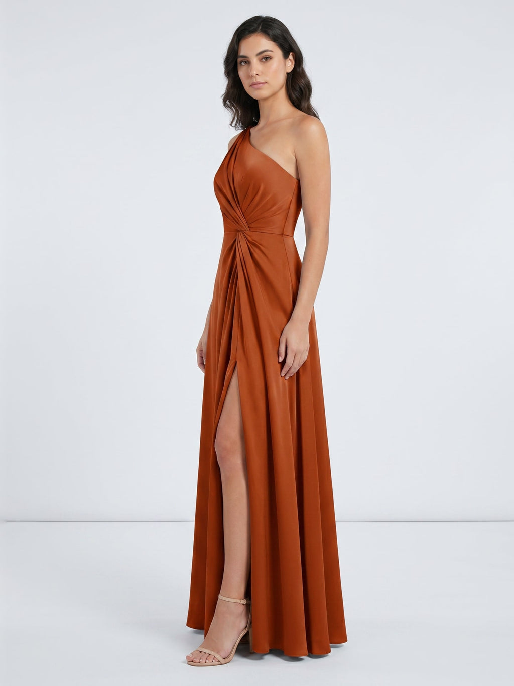 Cinnamon Satin A-Line One Shoulder Back Zip Ankle Bridesmaid Dress with Pleated Details - Curvevia