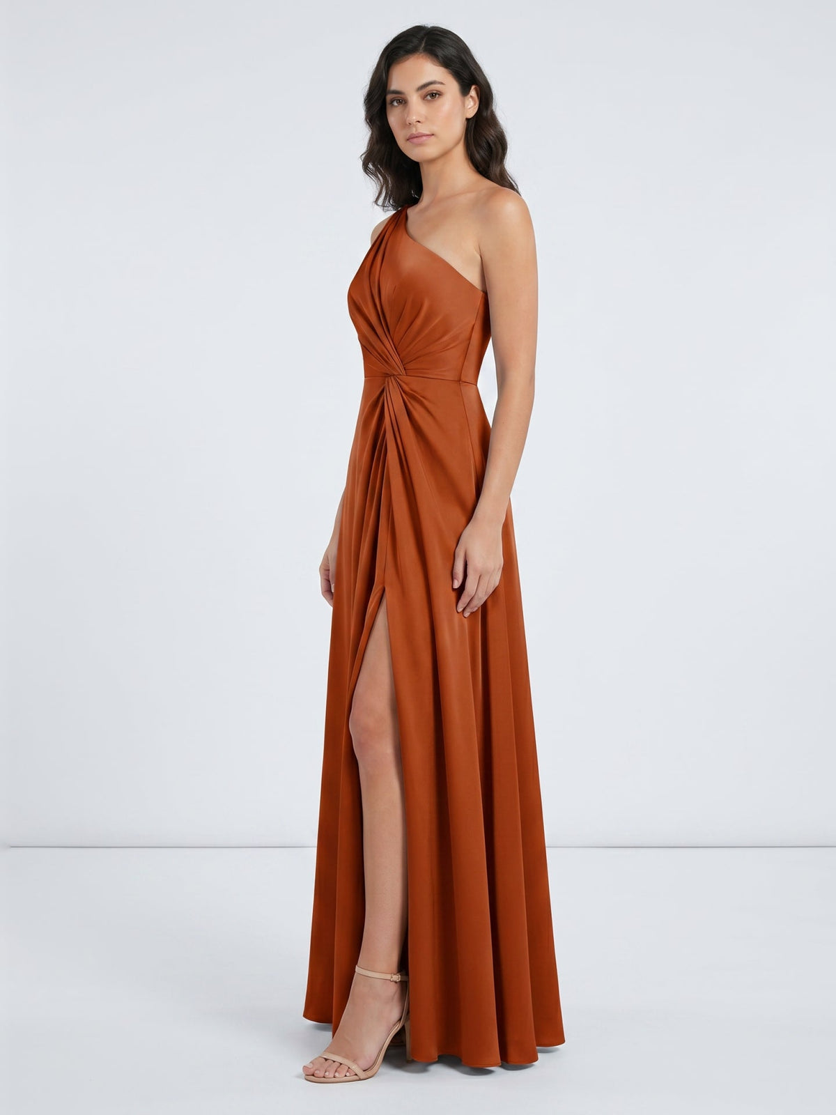 Cinnamon Satin A-Line One Shoulder Back Zip Ankle Bridesmaid Dress with Pleated Details - Curvevia
