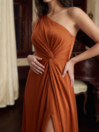 Cinnamon Satin A-Line One Shoulder Back Zip Ankle Bridesmaid Dress with Pleated Details - Curvevia
