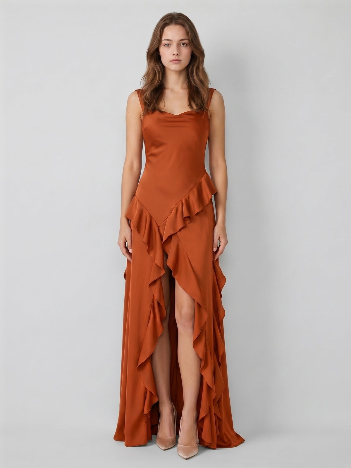 Cinnamon Satin A-Line Sweetheart Backless Floor-Length Bridesmaid Dress with Ruffles - Curvevia