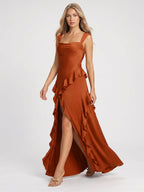 Cinnamon Satin A-Line Sweetheart Backless Floor-Length Bridesmaid Dress with Ruffles - Curvevia