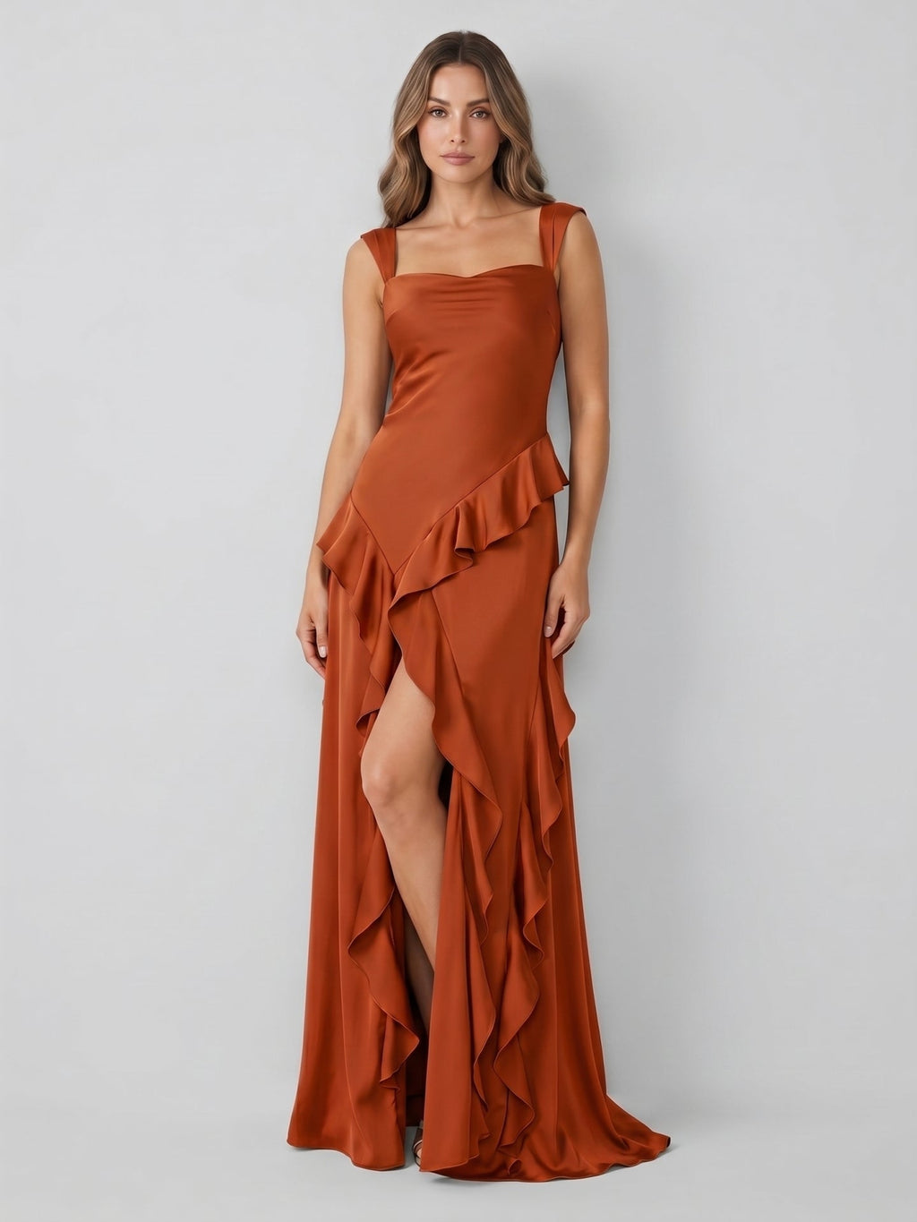 Cinnamon Satin A-Line Sweetheart Backless Floor-Length Bridesmaid Dress with Ruffles - Curvevia