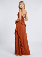 Cinnamon Satin A-Line Sweetheart Backless Floor-Length Bridesmaid Dress with Ruffles - Curvevia