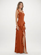 Cinnamon Satin A-Line Sweetheart Backless Floor-Length Bridesmaid Dress with Ruffles - Curvevia
