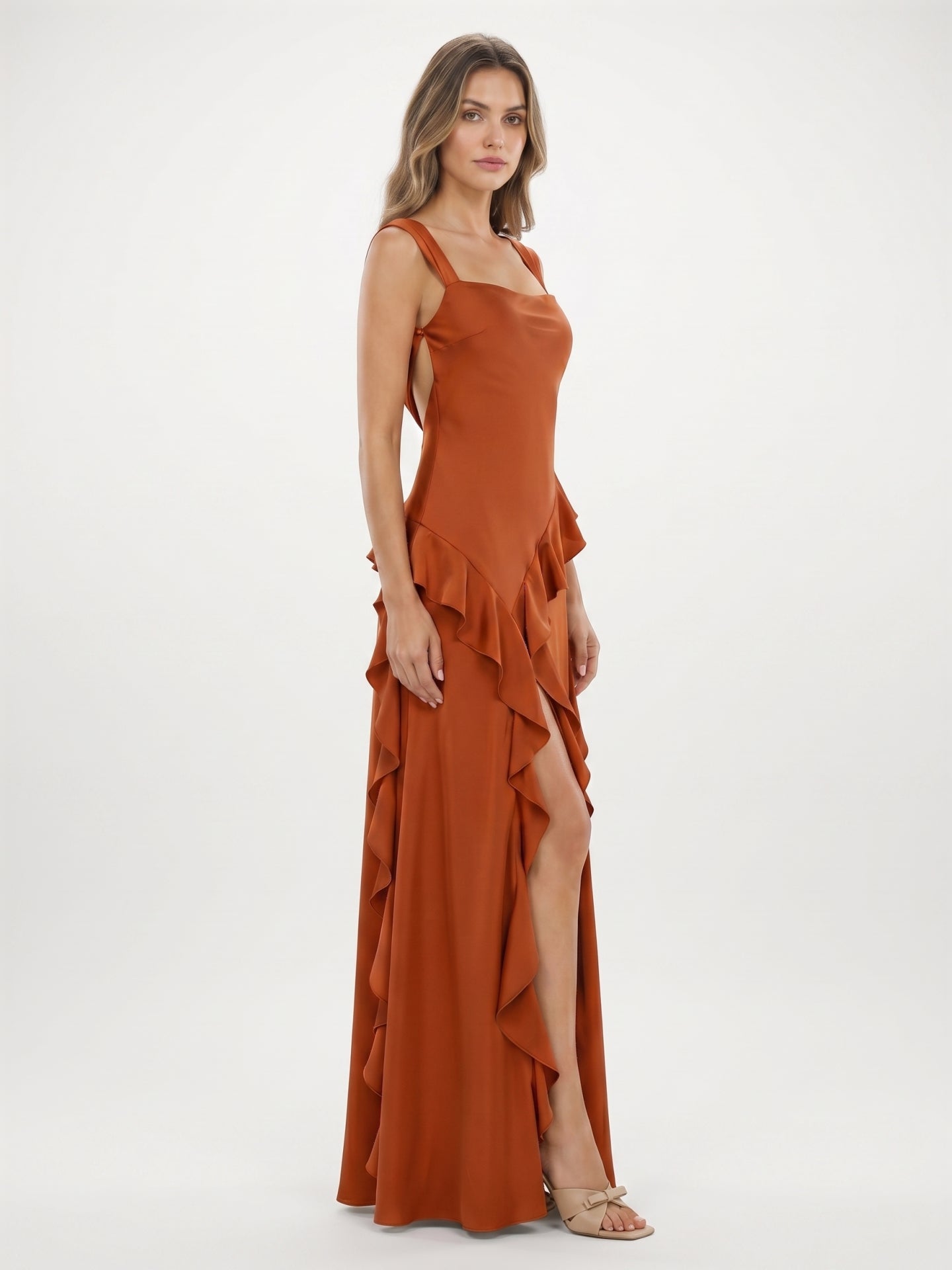 Cinnamon Satin A-Line Sweetheart Backless Floor-Length Bridesmaid Dress with Ruffles - Curvevia