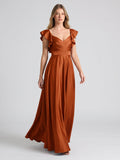 Cinnamon Satin A-Line V-Neck Back Zip Floor-Length Bridesmaid Dress with Ruffles - Curvevia