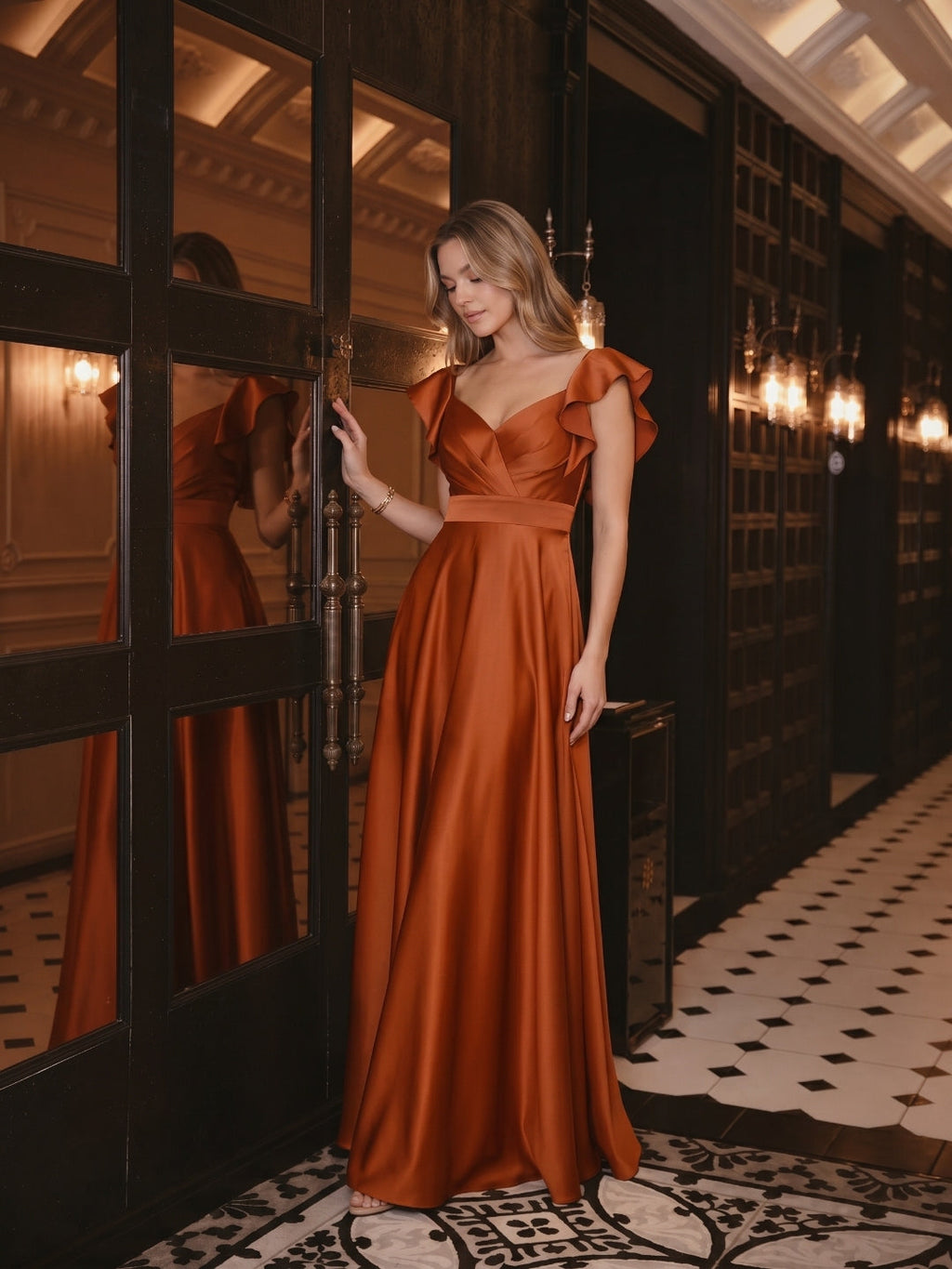 Cinnamon Satin A-Line V-Neck Back Zip Floor-Length Bridesmaid Dress with Ruffles - Curvevia